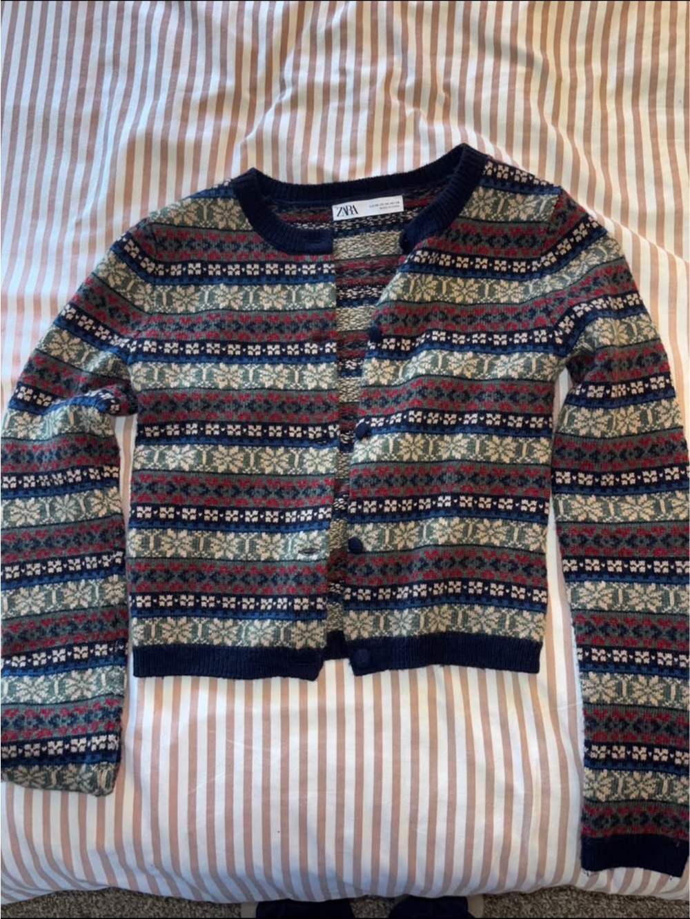 Zara Navy Multicolor Fair Isle Wool Cardigan Sweater